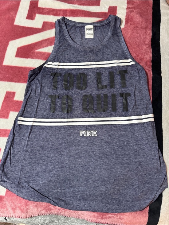 PINK Victoria's Secret Tops - PINK Victoria's Secret Navy Graphic 'Too Lit To Quit' Tank